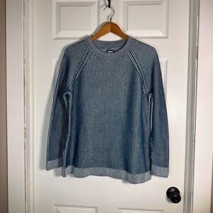 Lands End Drifter Sweater Womens Large Blue White Shaker Stitch Cotton Knit